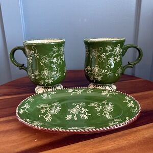 Temp-tations Floral Lace Green Mug Set w/ Tray Pedestal Cups Cottage 3 pieces